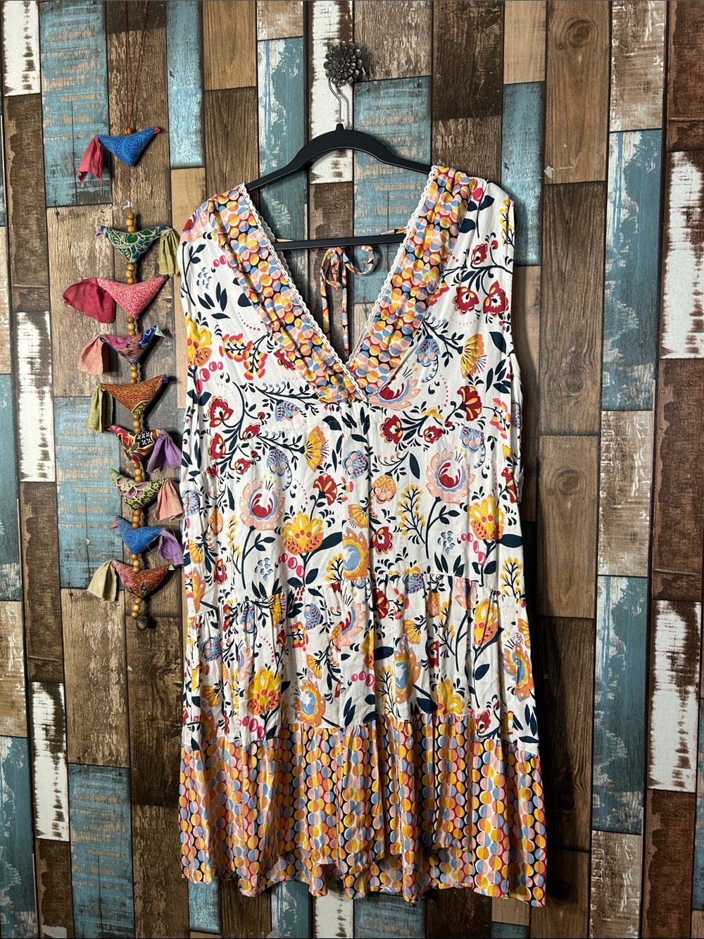 Angie Floral V-Neck Tiered Dress in White, Yellow and Red